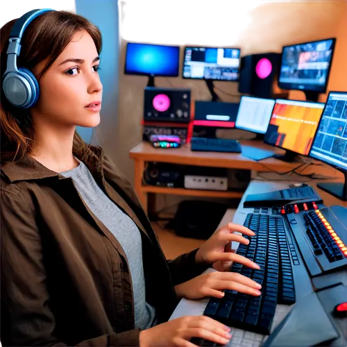 Headphones, gamer, young adult, messy brown hair, casual wear, relaxed posture, hands on keyboard, surrounded by screens, colorful LED lights, dimly lit room, warm atmosphere, soft focus, shallow dept