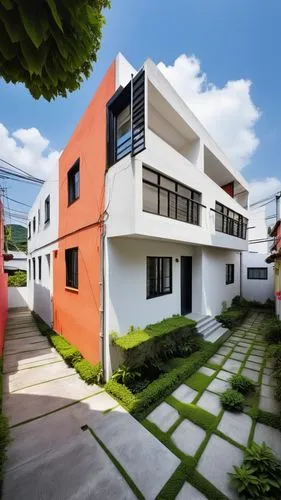 Townhouse by the alley in Taiwan. white facade and black window frames, ,cube house,residential house,modern house,cubic house,modern architecture,two story house,residential,mid century house,japanes