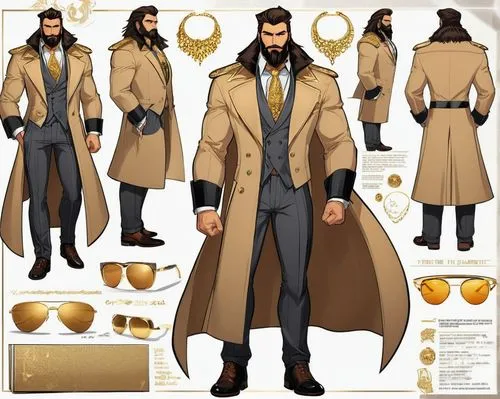 A male supervillain in a suit, furry mane around his collar, long overcoat, athletic, long brown hair, beard, tanned skin tone, extravagant with gold jewelry, color: Beige and gold, comic book art sty