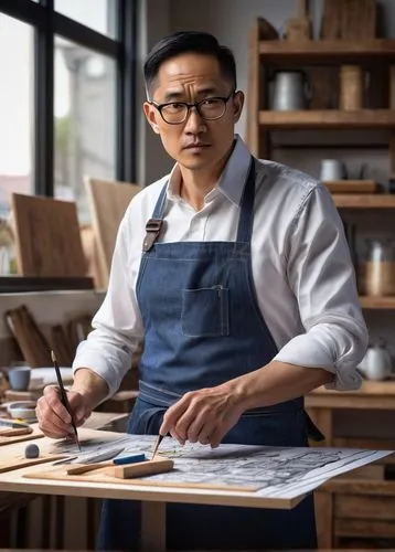 Male, mature, serious facial expression, glasses, short brown hair, white shirt, dark blue jeans, apron, holding architectural model, standing, studio, wooden desk, drawing tools, papers, ruler, penci