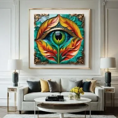 Weiß Rahmen um das Bild, Im luxury Wohnzimmer an der weißen Wand  und auf dem Schreibtisch stehen neben dem Fernseher,boho art,mandala art,kaleidoscope art,fire mandala,decorative art,indigenous paint