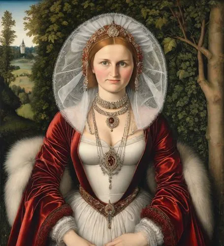 portrait of a noble woman, painting <class> Lucas Cranach the Elder “Judith” | magnificent head decorations, ornate, large wide-brimmed and asymmetrical red-brown headdress with slits and white pom-po