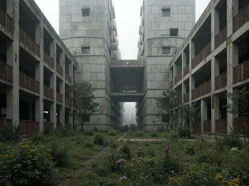 scampia,sanatoriums,industrial ruin,tlatelolco,courtyards,pripyat,arcology,apartment block,bicocca,kurilsk,brutalist,skyways,abandoned factory,urban landscape,overdeveloped,apartment blocks,courtyard,post-apocalyptic landscape,norilsk,atriums