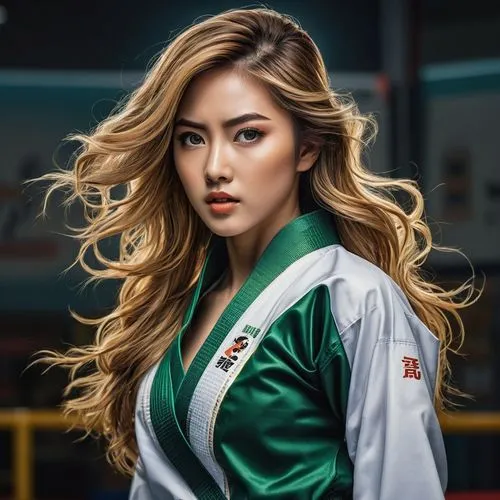 realistic beautiful girl, oval face shape, gold long hair, s-shape eyebrow, wide set eyes, green eyes, heavy lower  lips, triangle body shape, (full body show), masterpiece., wearing Taekwondo suit,  