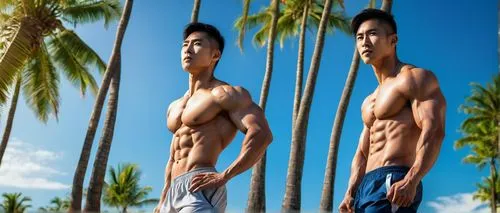 Muscular Asian male, perfect physique, toned chest, defined abs, broad shoulders, narrow waist, athletic legs, sporty shorts, sleeveless shirt, confident posture, standing, outdoors, tropical beach, p