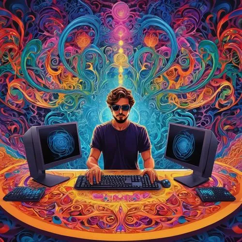 trip computer,dj,psychedelic art,man with a computer,computer art,guru,ascension,psychedelic,computer freak,aura,acid,kaleidoscope website,lsd,computer,cyclocomputer,matrix,tapestry,cyberspace,cyber glasses,synthesis,Illustration,Realistic Fantasy,Realistic Fantasy 39