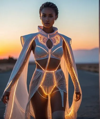 future fashion, afro fusion, neon, nature, technology & nature symbiosis, dusk lighting, background colours echo colours of subject clothing,burning man,afrofuturism,neon body painting,ororo,futuristi