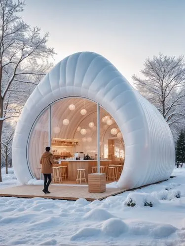 Coffee shop, inflatable soft house, glass wall, outdoor snowscape, flagship store, pop up store, creative store design, conceptual design, minimalist, organic ECO architecture, neo-futurism,this is a 