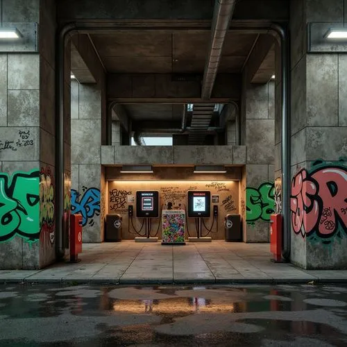 Rugged brutalist charging station, raw concrete walls, exposed ductwork, industrial metal beams, weathered steel accents, muted earthy tones, olive green hues, rusty red undertones, urban graffiti, ne