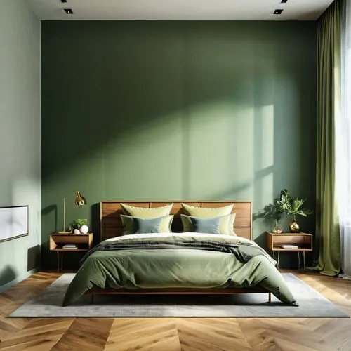 bedroom,sage green,parquet,danish room,sleeping room,pine green,modern room,guest room,sage color,green living,danish furniture,canopy bed,trend color,bed frame,guestroom,intensely green hornbeam wallpaper,green wallpaper,gray-green,bed linen,laminate flooring,Photography,General,Realistic