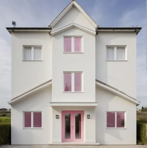 a detached house with white paint and pink frame glass entrance door, white frame window,an white two story building has pink doors and windows,encasements,passivhaus,leaseholds,immobilien,house insur