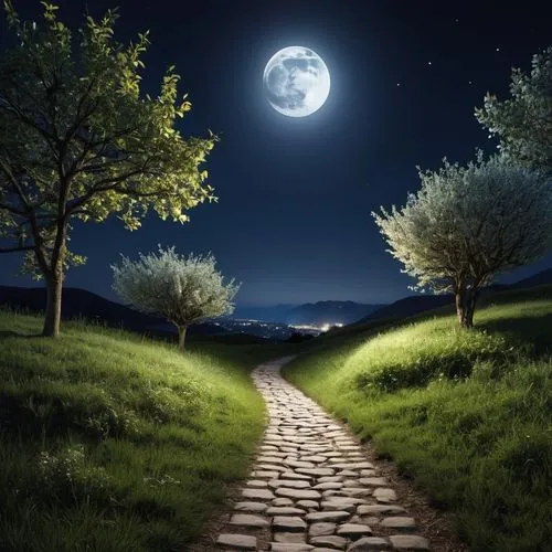 path at night with dramatic moonlight, dramatic moonlight, beautiful moonlight, full moon night, moonlight, moonlight, beautiful moonlight night, moonlight, moon night dreamy atmosphere, moonlight glo