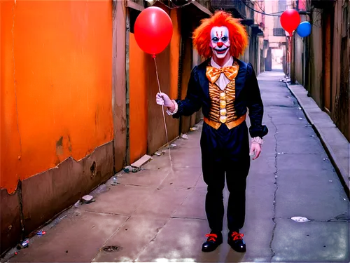 Scary clown, male, pale skin, red nose, painted-on smile, messy orange hair, colorful costume, oversized shoes, holding a red balloon, standing in a dimly lit alleyway, 3/4 composition, shallow depth 