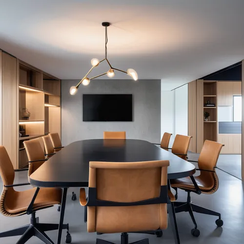 meeting room, white stucco walls, microcement flooring. A table with a black lacquered top and dark wooden legs in the center, eight chairs with wheels with metal structure and seat and back in black 