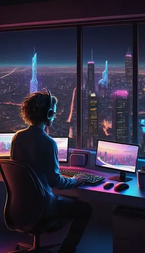 cyberpunk,girl at the computer,cybercity,cyberview,cybertown,cityscape,above the city,cyberscene,cyberport,night administrator,cybertrader,cyberia,computerologist,computer room,world digital painting,working space,city at night,city view,dusk background,evening city,Illustration,Paper based,Paper Based 17