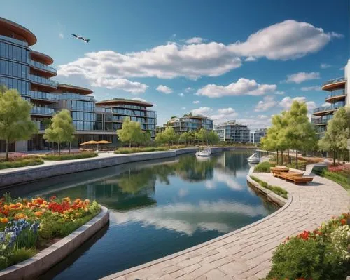 Serene waterfront landscape, modern architecture, curved lines, sleek buildings, rooftop garden, lush greenery, vibrant flowers, tranquil pond, walking path, stone pavement, wooden benches, sailboats 