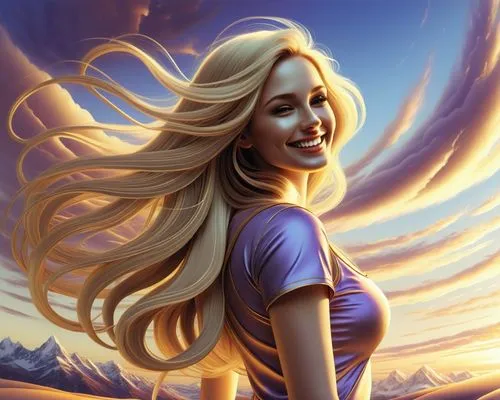 she came to me one morning big smile on her face all she was wearing was her amazing milk skin with long swirl hair in a misty sky ,a woman with a large blond hair with mountains in the background,ann