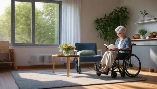 Modern villa, independent living, elderly woman, reading a book, glasses, short grey hair, comfortable clothing, wheelchair accessibility, spacious interior, high ceiling, large windows, natural light