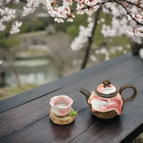 two teapots are sitting on a wooden table,japanese tea,tea zen,japanese tea set,watercolor tea set,tea ceremony,sayama tea