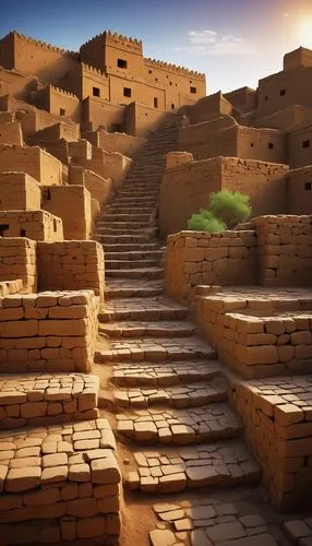 Ancient Harappan architecture, mud-brick city walls, intricate drainage system, advanced urban planning, stepped brick platforms, circular granaries, well-planned streets, narrow alleys, multi-story b