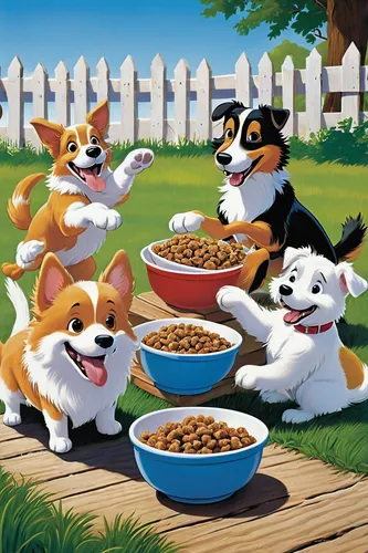 corgis,field of cereals,cereals,dog food,pet food,small animal food,cereal,puppy chow,breakfast cereal,cat food,cavatappi,rice cereal,peanuts,kooikerhondje,cute cartoon image,breakfast buffet,granola,dog supply,cereal grain,ccc animals,Illustration,Children,Children 02