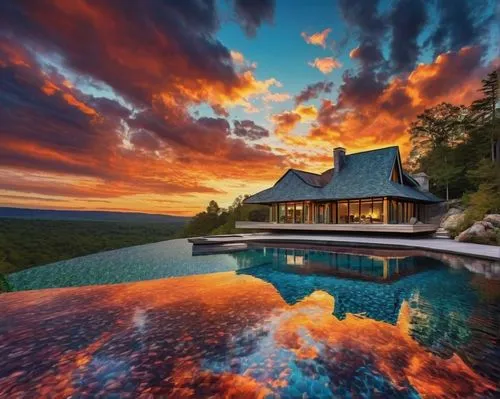 pool house,volcano pool,house in mountains,house in the mountains,the cabin in the mountains,infinity swimming pool,dreamhouse,beautiful home,roof landscape,south africa,house with lake,summer house,cottars,summer cottage,house by the water,incredible sunset over the lake,holiday villa,luxury property,home landscape,tropical house,Art,Classical Oil Painting,Classical Oil Painting 08