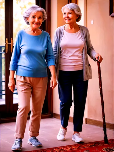 Elderly man, elderly woman, grey hair, wrinkles, walking stick, casual wear, loose clothing, sneakers, calm facial expression, gentle smile, warm lighting, soft focus, cinematic composition, shallow d