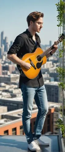 Modern minimalist skyscraper, glass facade, steel beams, urban cityscape, young adult, intern, male, 20s, casual wear, black shirt, jeans, sneakers, holding guitar, playing music, rooftop garden, gree