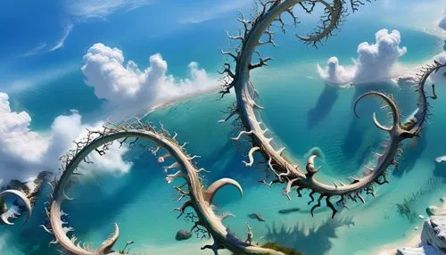 Origin of Life. First cells. DNA. Primitive life forms. Life's architecture unfolding.,an abstract artistic view of a wave with nches,underwater landscape,underwater background,shenlong,mermaid backgr