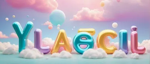 Vibrant colorful bubble letters, cursive script font, pastel hues, shiny metallic finish, reflective surface, 3D puffy effect, bold typography, playful composition, whimsical atmosphere, dreamy clouds