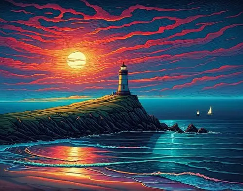 painting of a sunset over the ocean with a lighthouse in the foreground,red lighthouse,hildebrandt,lighthouse,lighthouses,dubbeldam,light house,Illustration,Realistic Fantasy,Realistic Fantasy 25