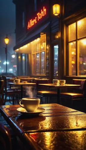 Night cafe, cozy atmosphere, dim yellow lighting, wooden tables, velvet chairs, steam rising from hot coffee cups, aroma of freshly brewed coffee, warm and inviting ambiance, cityscape outside, rainy 