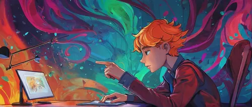 Write a dramatic monologue where Marius Els reflects on his past mistakes.,transistor,fire pearl,girl at the computer,illustrator,desk top,colorful doodle,girl studying,transistor checking,digital ill