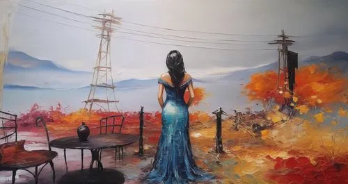 girl in a long dress,art painting,girl in a long dress from the back,khokhloma painting,oil painting on canvas,draupadi,kitana,overpainting,glass painting,fire artist,karou,meticulous painting,the pollution,photo painting,wildfire,fantasy art,oil on canvas,dubbeldam,quipu,fabric painting,Illustration,Paper based,Paper Based 04