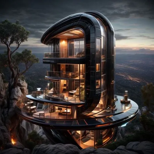 a very unusual looking building in the middle of the cliff,tree house hotel,tree house,cubic house,futuristic architecture,sky apartment,treehouses,dunes house,house in mountains,luxury hotel,mirror h