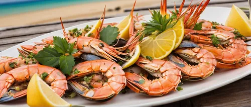 Transport your taste buds to the beach with sizzling grilled seafood and refreshing cocktails.,freshwater prawns,grilled prawns,grilled shrimp,seafood platter,bbq prawns,the best sweet shrimp,scampi s