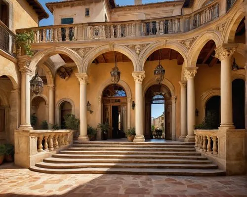 Italian Renaissance architecture, grandeur, ornate details, columns, arches, domes, marble, stone carvings, intricate frescoes, vaulted ceilings, grand staircase, ornate balustrades, Tuscan order, Cor