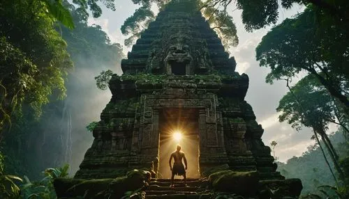 primitive man builds a temple to the sun,  cinemathic lightning, realistic,thai buddha,somtum,cambodia,laser buddha mountain,thai temple,the pillar of light,vipassana,ubud,theravada buddhism,buddha st