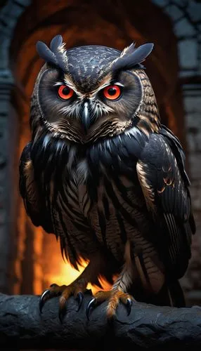 Evil Duolingo Owl, dark wings spread wide, sharp talons grasping, sinister gaze, glowing red eyes, menacing beak, midnight black feathers, wispy eyebrows, wicked grin, brooding atmosphere, dimly lit c