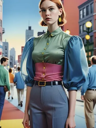 Design a funny comic page for a youth magazine in rich colors (RGB).,a woman stands in front of an image of people walking down the street,retro woman,retro girl,delvaux,retro women,50's style,butteri