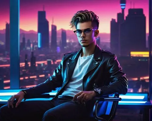 Digital artist, young adult, male, trendy hairstyle, glasses, casual wear, holding stylus, sitting, ergonomic chair, modern desk, futuristic laboratory, neon lights, cityscape background, panoramic vi