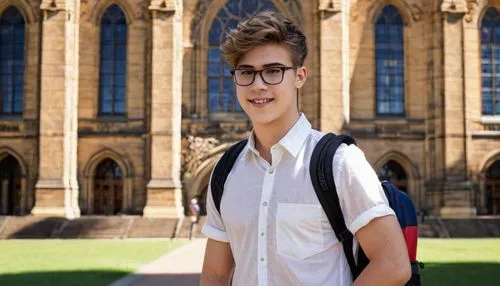 Male, young adult, solo, (22yo), stylish short hair, black framed glasses, white shirt, dark blue jeans, brown leather shoes, backpack, holding architectural model, standing, Adelaide University campu