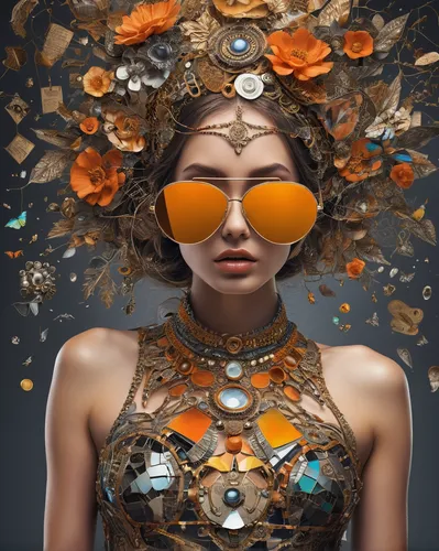 image manipulation,photo manipulation,photoshop manipulation,conceptual photography,masquerade,photomanipulation,wearables,virtual identity,3d fantasy,photomontage,spectacle,digital compositing,eye glass accessory,pieces of orange,venetian mask,woman thinking,fashion vector,fantasy art,orange petals,mystical portrait of a girl