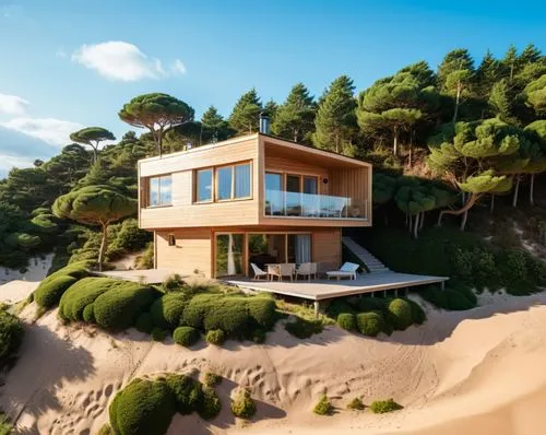 a small dwelling in the dunes, not too sandy, with lot of trees around. the dwelling is cute, has an moss roof, with solar panels, the dwelling has an terras at the first floor. the dwelling is not to