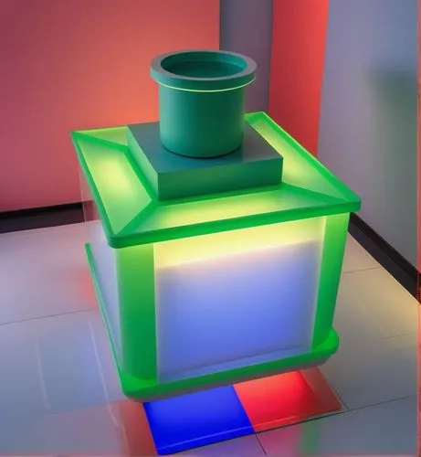 The stand design for selling small dolls, the color of the main cylinder is green, blue and red, no gloss, the floor is the effect of indirect lighting, matte material, circular geometric pattern, sof