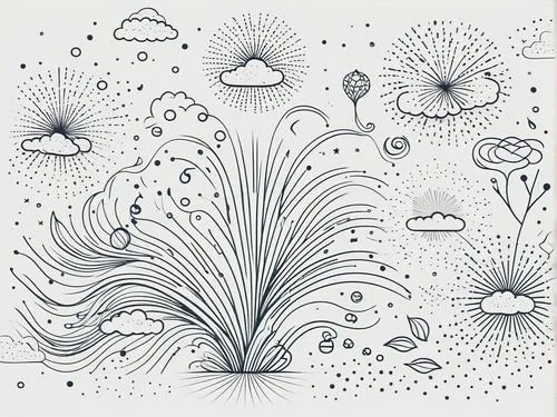 the drawing of fireworks on a sheet of paper,particle,flower line art,umbrella pattern,vector pattern,attractors,botanical line art,Illustration,Black and White,Black and White 04