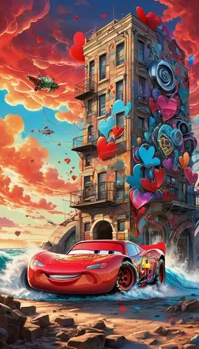 ((Lightning McQueen, surf big wave spiral crystal fibonaci black and rainbow, lots of red hearts in sky)). Sunset and lightning with lots of birds,.This transformation is captured in high-definition. 