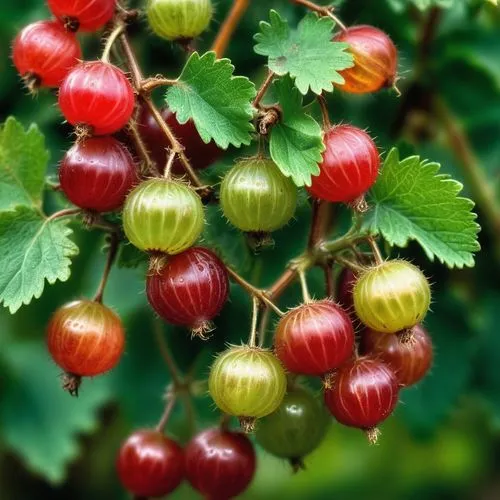 Full screen macro view of large, ripe, juicy, deep-red and green translucent gooseberries hanging crowded together from a single branch of a gooseberry bush, close-up showing the delicate, lighter str