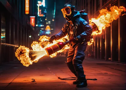 fire manipulation, pyrotechnics expert, dynamic flames, glowing embers, intense heat, fireball casting, flame-throwing action, fireproof suit, textured heat-resistant gloves, reflective visor, control