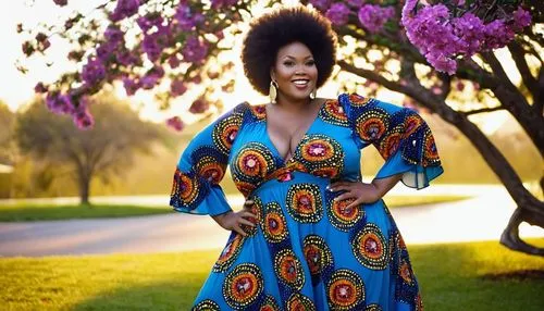 Plus-size, SSBBW, fat, black woman, curly Afro hair, bright smile, golden hoop earrings, colorful African print dress, flowing sleeves, V-neckline, prominent chest, curvy waist, thick legs, high heels